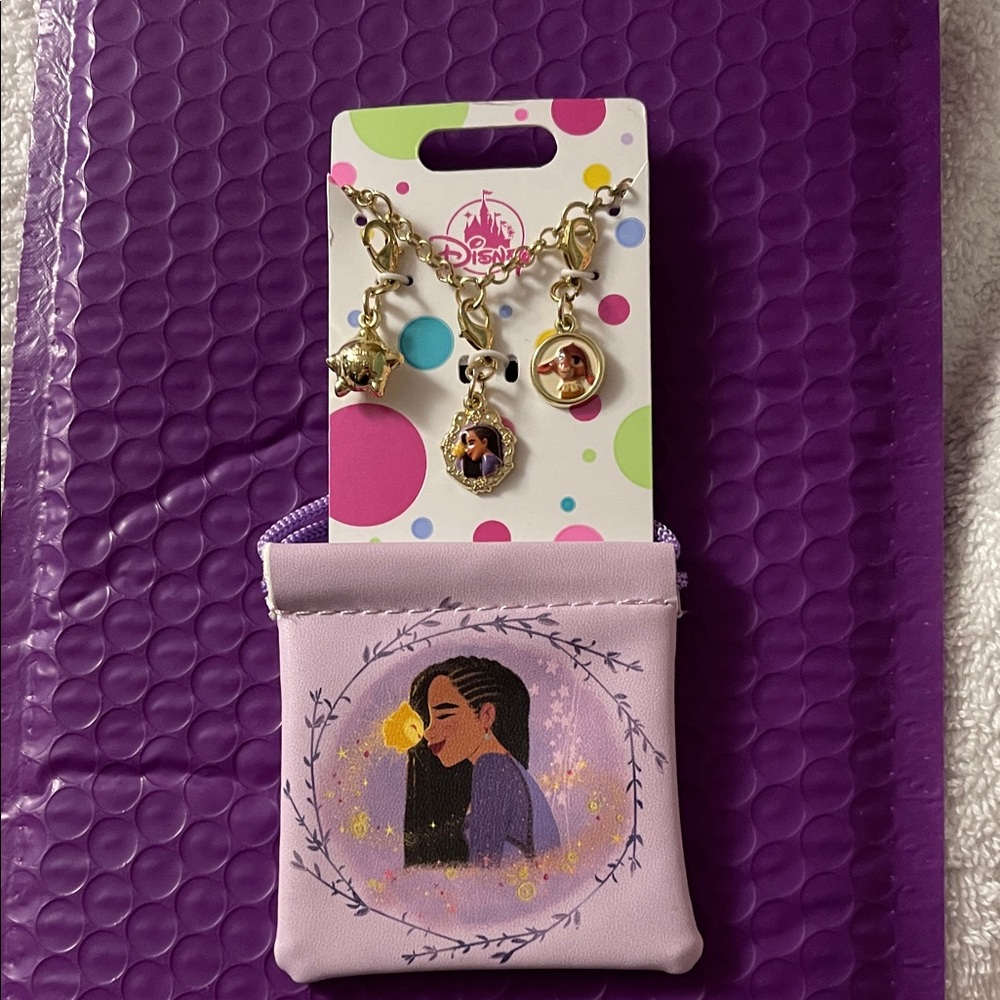 Disney Jewelry Wish Charm Bracelet Set with Purple Pouch